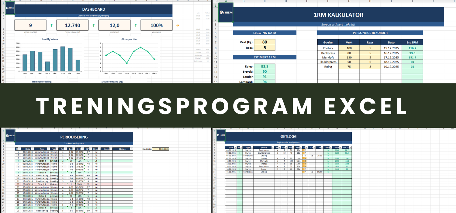 Treningsprogram Excel Dashboard 1RM Kalkulator Mye Mer ExcelFlyt Treningsprogram Excel Dashboard 1RM Kalkulator Mye Mer ExcelFlyt