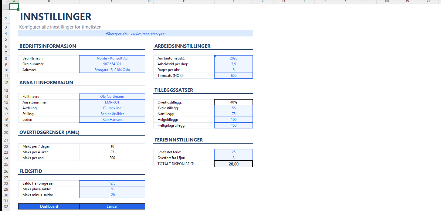 Timeliste Excel Innstillinger med arbeidstid og timesats