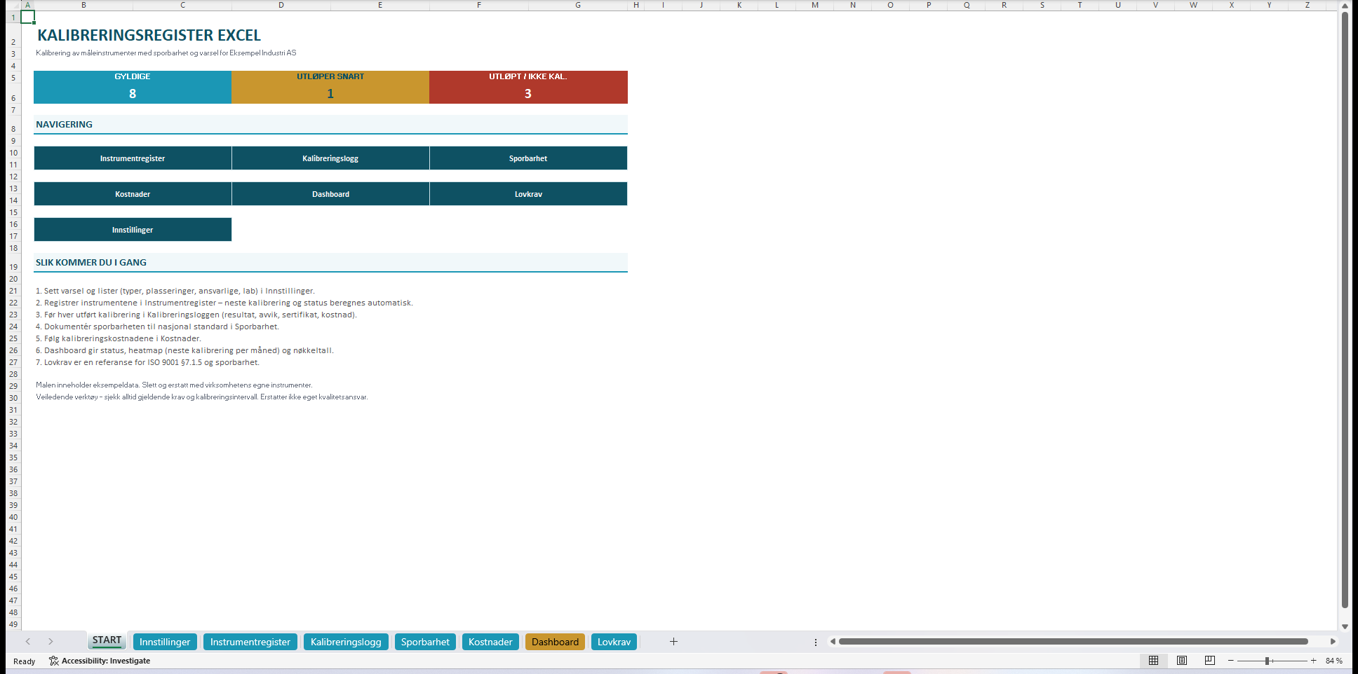 Kalibreringsregister Excel startside med KPI og navigering