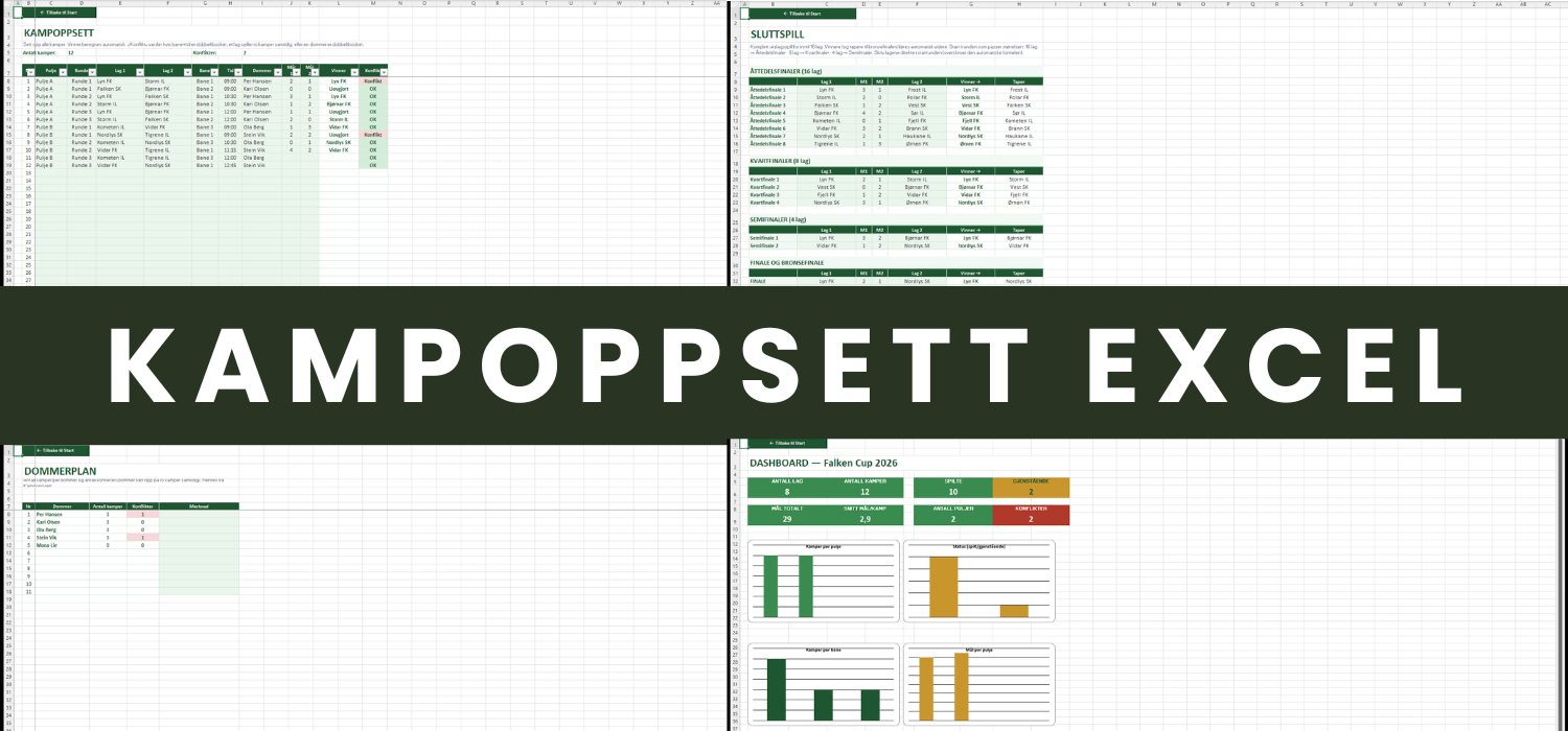 Kampoppsett Excel – turneringsoppsett med puljetabell, kollisjonsvarsel og sluttspill (bracket)
