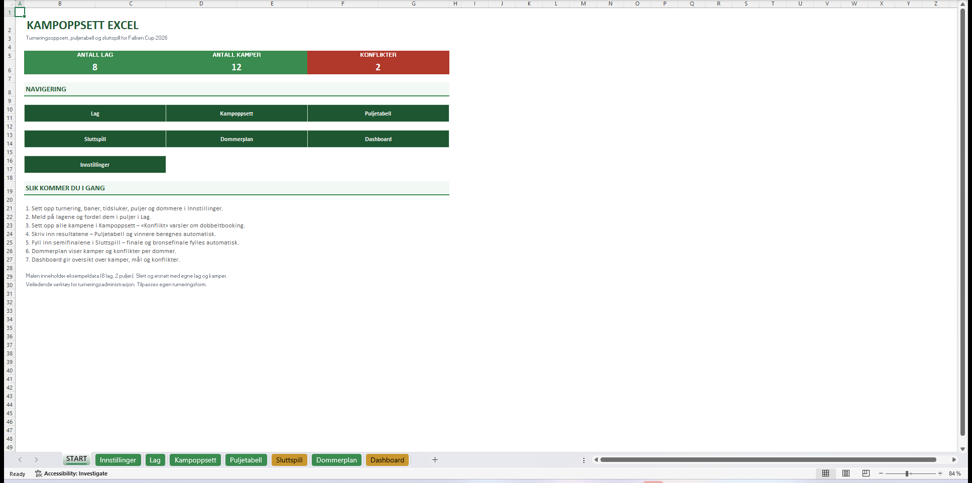 Kampoppsett Excel startside med KPI og navigering