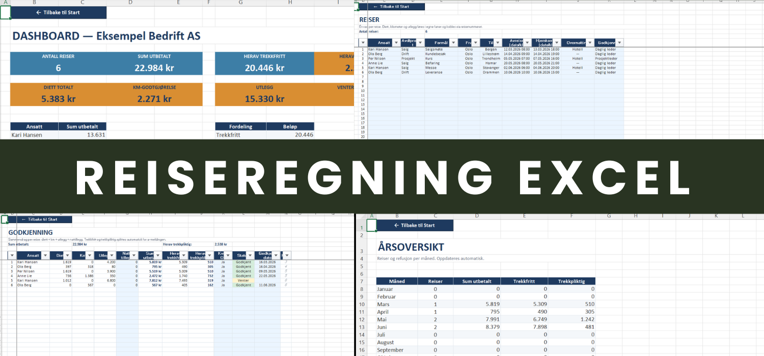 Reiseregning Excel – komplett mal med diett, kilometer, utlegg og trekkfri/trekkpliktig