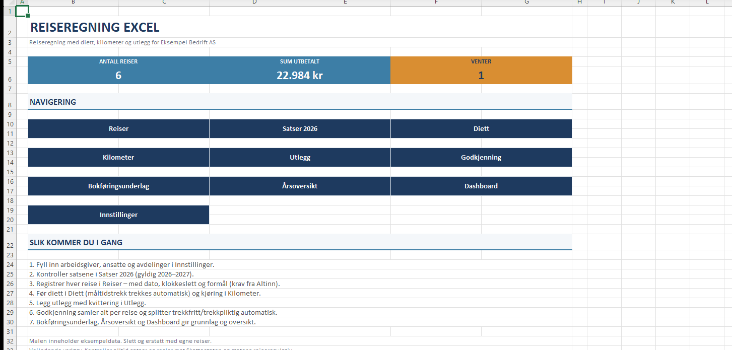 Reiseregning Excel startside med KPI og navigering