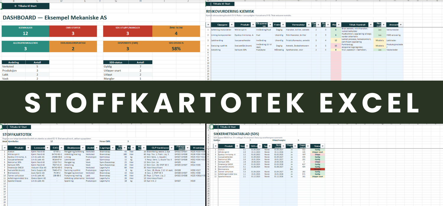 Stoffkartotek Excel – komplett mal for kjemikaliehåndtering, SDS, CMR og risikovurdering