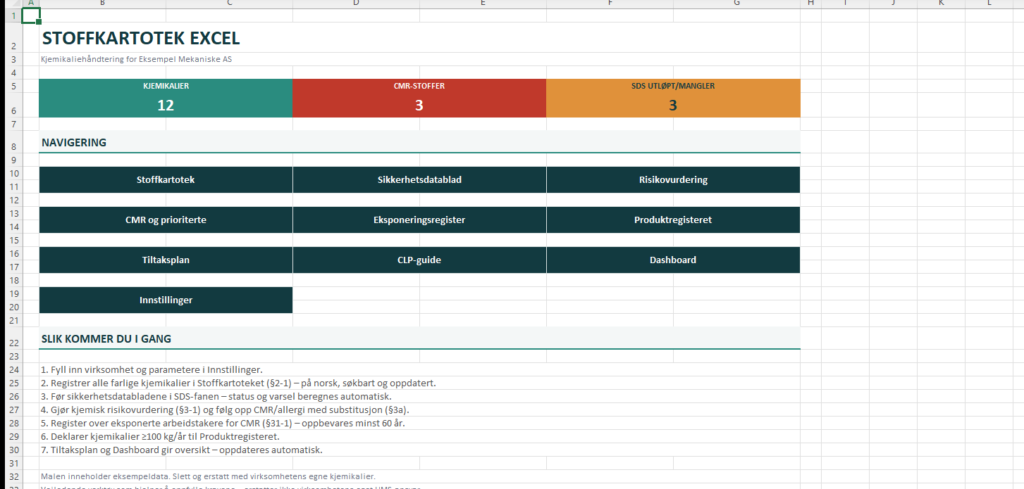 Stoffkartotek Excel startside med KPI og navigering